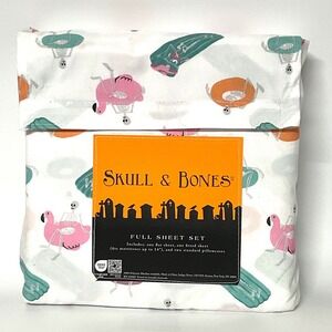 Skull & Bones Full Sheet Set Skeletons on Pool Floats Flamingo White 4 Piece
